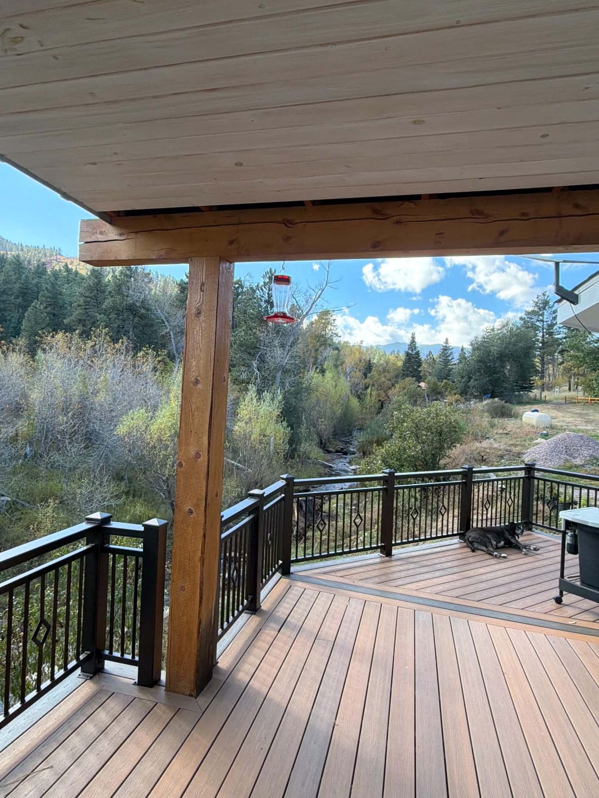 Covered composite deck with black metal railing overlooking a creek and aspens