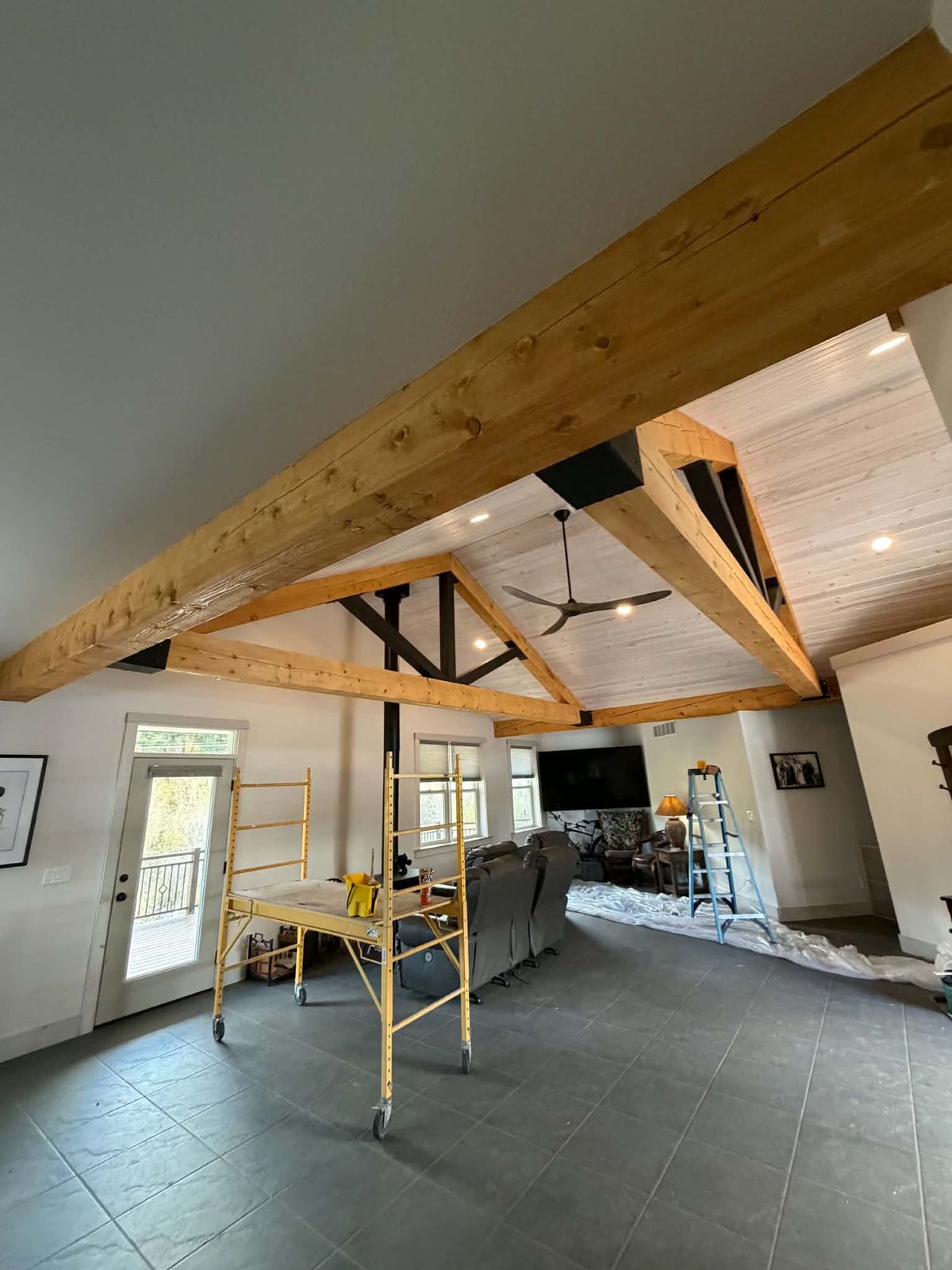 Great room with timber trusses